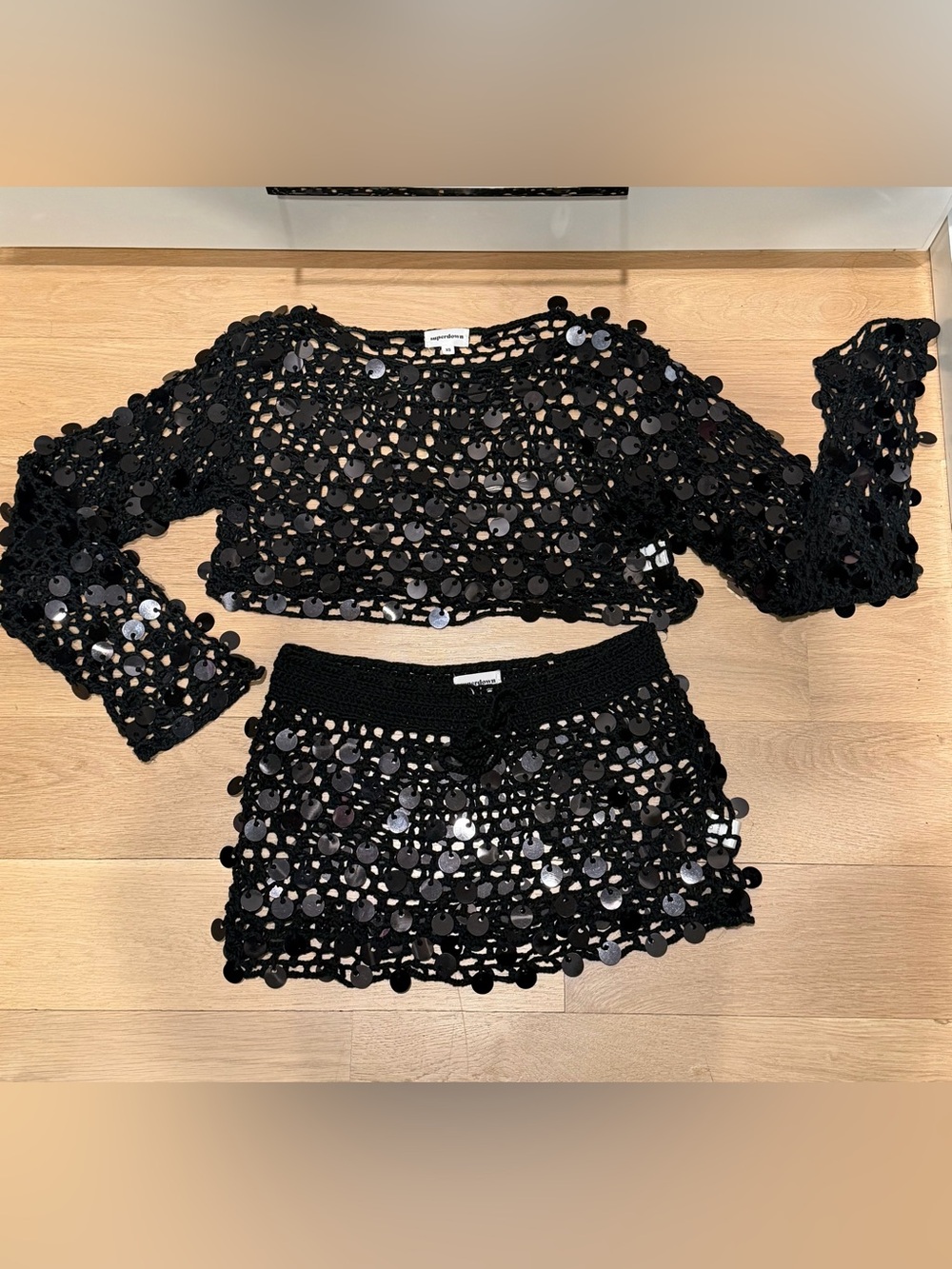 superdown Black Crochet Sequin Mini Skirt and Top